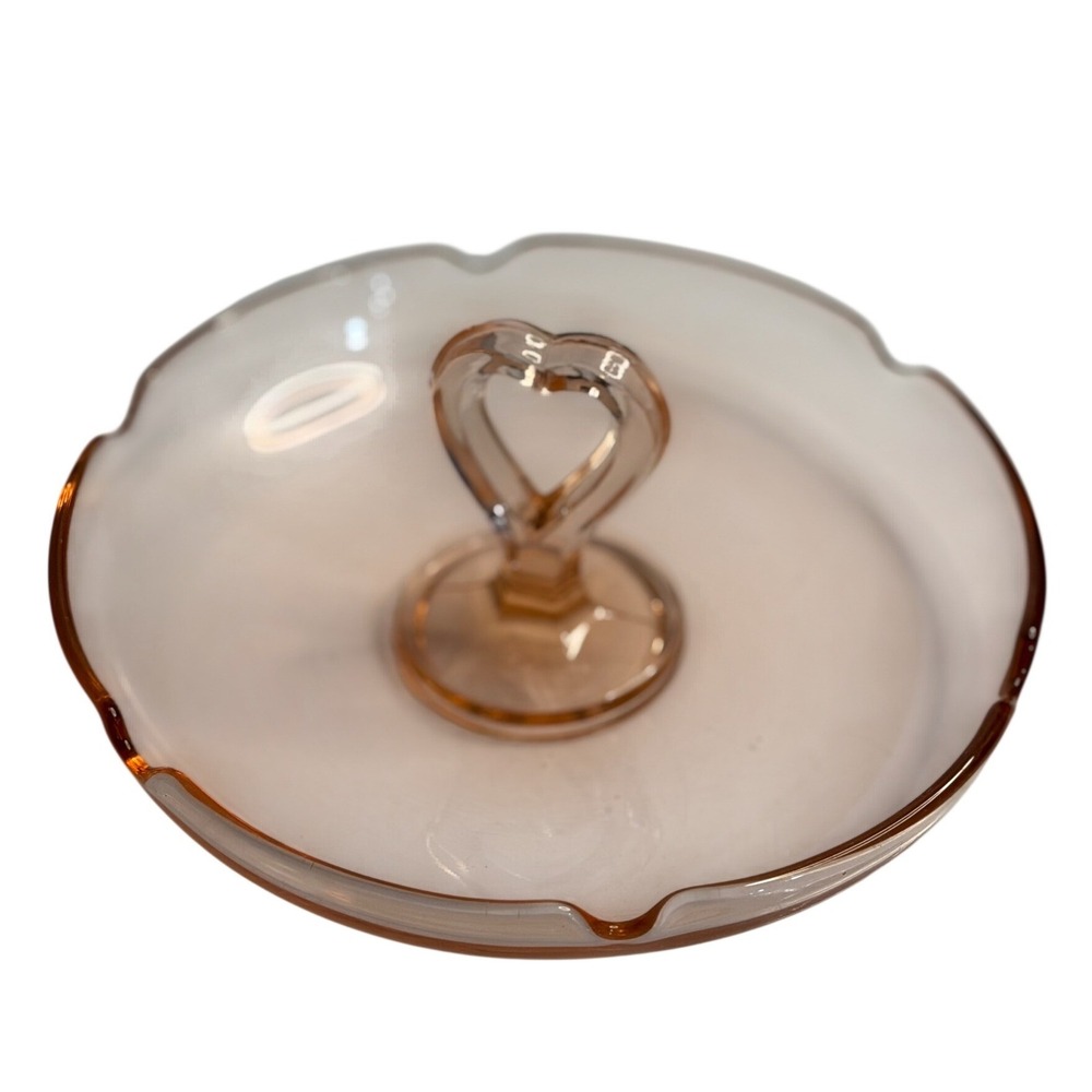 VTG Depression Glass Tidbit Tray Pink Heart Handle 1930s Art Deco Serving Plate‎